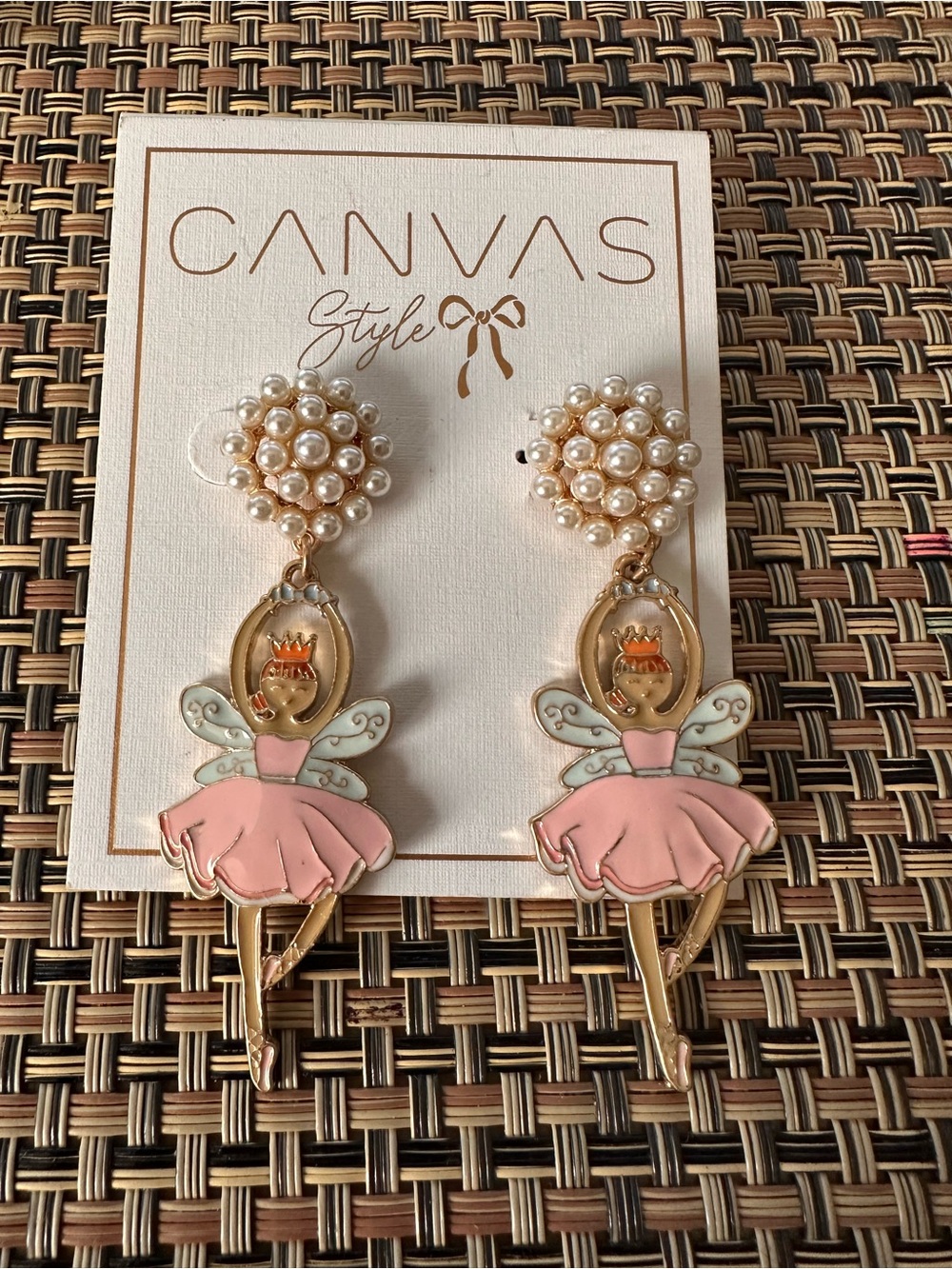 Canvas Sugar Plum Fairy enamel dangle earrings featuring faux pearl cluste